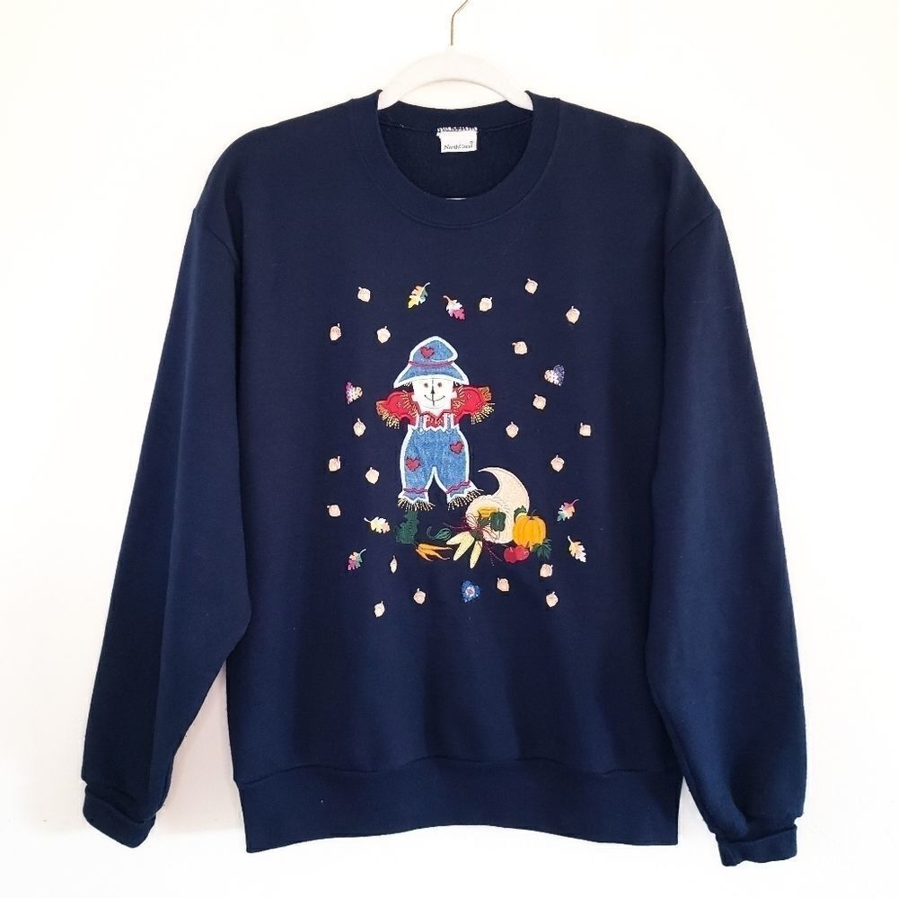 Vintage Fall Scarecrow Appliqued Crew Neck Grandma Sweatshirt